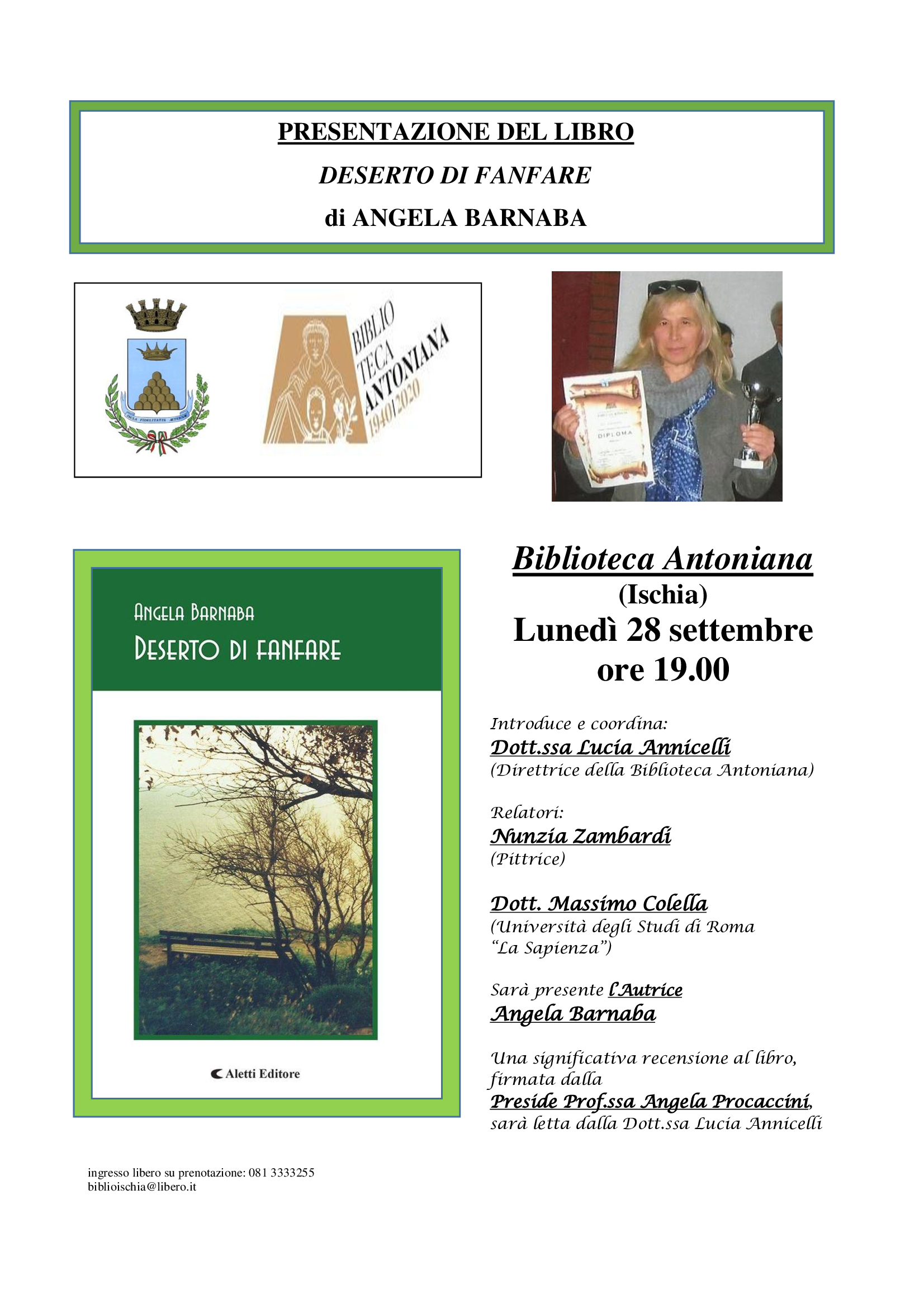 Locandina ANGELA BARNABA Deserto di fanfare Biblioteca Antoniana Ischia 28 09 20